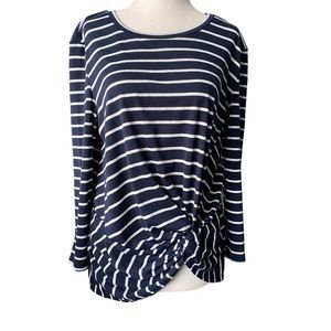 Sugar + Lips Navy Blue and White Striped Top w/ Knotted Detail Large